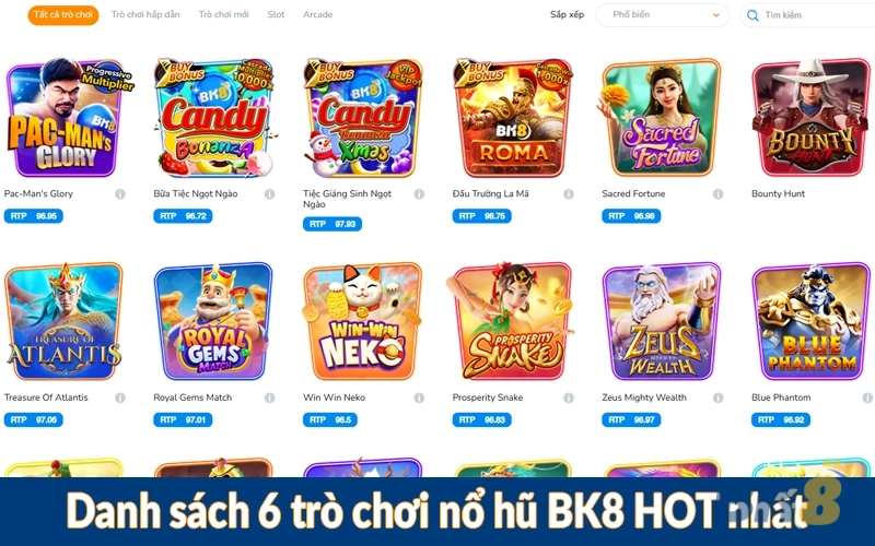 Danh sách 6 trò chơi nổ hũ BK8 HOT nhất